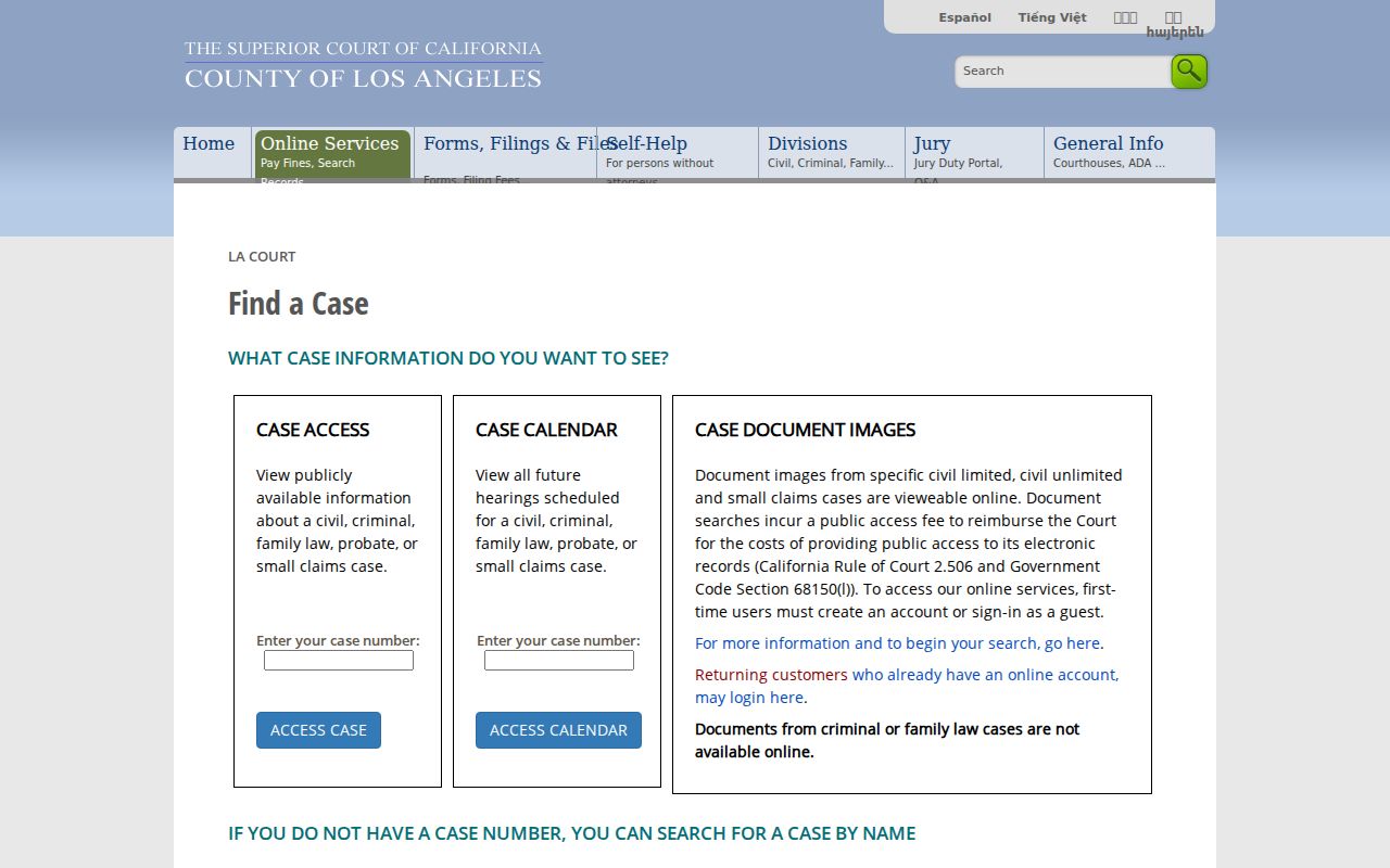 Covina residents directory Los Angeles Superior Court case gateway